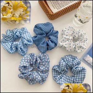 Ponny Tails Jewelry Jewelykorea Polka Dot Plaid Stretchy Scrunchies Ties Daisy Print Rope Blue Series Women Girls Ponytail Holder Hair Aesso