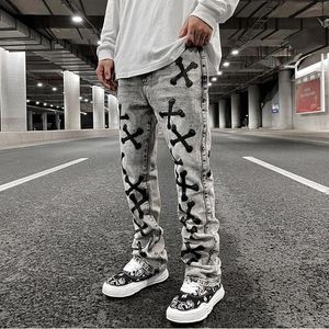 Men's Jeans Hip Hop Retro Washed Gray Pu Leather Bone Embroidery Casual Denim Trousers Men Straight Oversize Streetwear Loose Pants