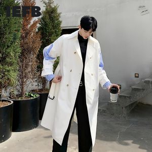 IEFB /メンズウェアスプリングウインドブレーカーのための男性ビンテージファッション韓国のロングコートパッチワーク偽の2つの部分トレンチコート9Y1203 210524
