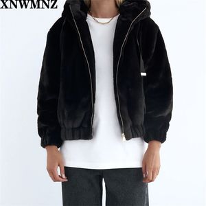 Women Fashion Winter faux fur hooded Jacket Female high collar adjustable drawstring hood long sleeves pockets Zip-up 210520