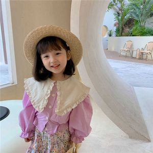 Spring Fashion Kids Baby Puff Sleeve Short Shirts For Girls Sweet Children Tops Big Turn-down collar Shirt Clothing 210615