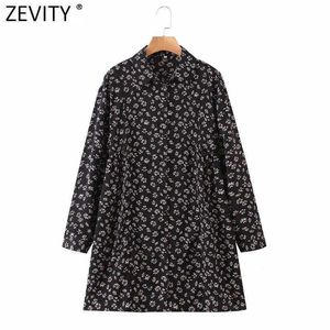 Zevity女性ヴィンテージターンダウンカラー花柄シフォンシャツドレス女性Prairieシックプリーツカジュアルvestido DS4908 210603