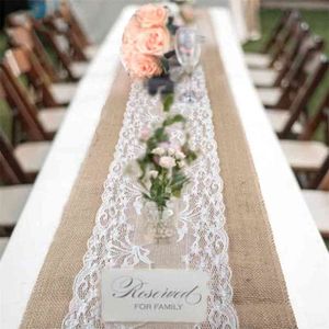 Elegancki stół jutowy biegacz burlap koronki tkaniny alble barenners wesele przyjęcie domu dekoracji tkaniny stół nowoczesny 210628