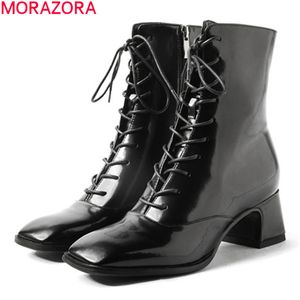 Morazora Varış Moda Ayak Bileği Çizmeler Hakiki Deri Çizmeler Kalın Topuklu Kare Toe Lace Up Bayanlar Ayakkabı Siyah 210506