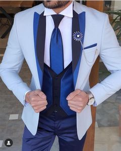 White Men Suits Blue Lapel Groom Tuxedo Wedding Costume Homme Terno Masculino Slim Fit 3 Pieces Blazer (Jacket+Pants+Vest) Men's & Blazers