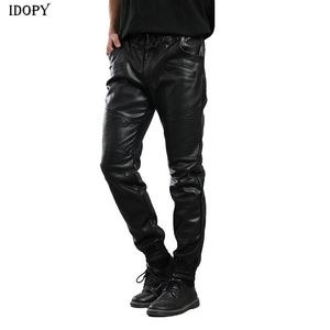 Idopy Men`s Jesień Faux Leather Joggers Harem Spodnie Motocyklowe Kostki Zipper Elastyczna Talia Sznurek PU Spodnie dla męskich mężczyzn