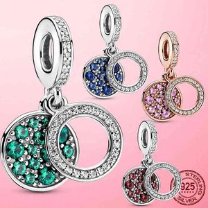 2021 925 Sterling Grüne Scheibe Doppel Baumeln Charm Anhänger Fit Original Armband Halskette Silber 925 Schmuck