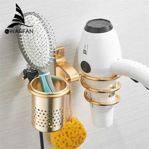 Hair Dryer Holder With Cup Households Rack Blow Shelf Metal Wall Mount Bathroom Accessories Gold 9248 211112