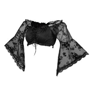 Gothgotik gótico sexy lace slash pescoço ver através de tops para mulheres vintage goth preto branco flare manga short verão streetwear mulheres t-shi