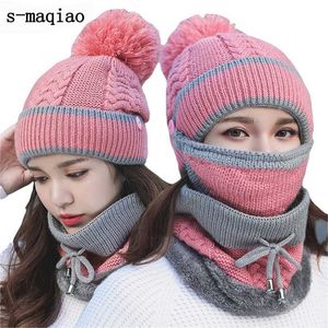 Set 3 Hat Winter Knitted Velvet Thick Bib Mask Ear Protector Skullies Beanie Hat Riding Caps Female Warm Wool Cap 211229