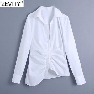 Zevity Kobiety Moda Breasted Plised Biały Poplin Koszule Office Lady Hem Nieregularna bluzka Roupas Chic Chemise Topy LS9112 210603