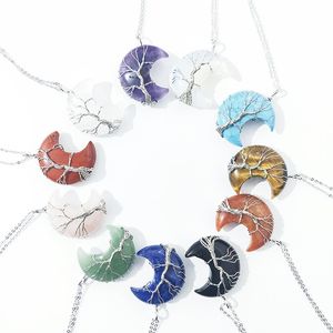 Natural Crescente Crescente Moon Encantos Charms Árvore de Vida Pingentes Rosas Quartzo Arame Envolto Jóias Na Moda Fazendo Atacado