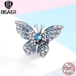 Bisaer 925 Sterling Crystal Butterfly Koraliki Zircon Charms Fit Bransoletki Bransoletki Silver 925 Biżuteria EFC061