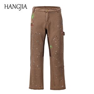 Fashionable Patchwork Carga Calças Flared Cachos Khaki Black Splash Tinta Carga Largo Perna Pant Hip Hop Graffiti Carga Calças Homens 211201