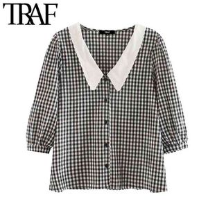 Women Fashion With Embroidery Collar Check Blouses Vintage Short Sleeve Button-up Female Shirts Chic Tops 210507