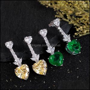 Studsmycken100% 925 Sterling Sier Classic Retro Heart-Shaped Emerald Yellow Diamond Earrings Ladies Engagement Present Utsökta smycken Drop