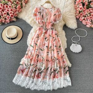 Летние сладостные розовые кружева длинное платье женщин вскользь круглые шеи с коротким рукавом высокая талия A-линия большие качели Vestidos женский 2021 новый Y0603