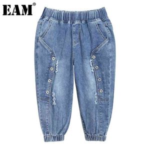 [EAM] Blue Casual Guziki Wysokiej Elastycznej Talii Dżinsowe Spodnie Luźne Fit Spodnie Kobiet Moda Wiosna Lato 1DD8553 21512