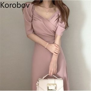 Korobov coreano chique elegante manga sopra mulheres vestido vintage sólido v neck cintura alta vestidos verão uma linha doce vestidos 210430