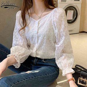 Outono coreano vintage v-pescoço de manga longa tops camisas femininas All-Match bordado flores blusa blusa 11083 210427