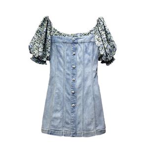 Puff Sleeve Denim Button Slash Neck Short Mini Dress Elegant Solid Summer Women Female D1794 210514