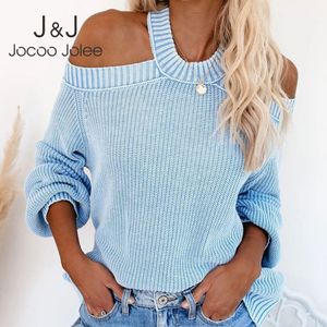 JOCOO JOLEE SEXY O Neck Off The Shoulder Stickad Sweater Vintage Solid Oversized Loose Sweater Höst Casual Pullover Jumpers 210518