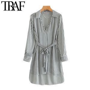 Mulheres moda com cinto listrado blusa assimétrica vintage coleira de lapela de manga comprida camisas chique tops 210507