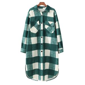 BLSQR Fashion Pockets Oversized Plaid Jacket Women Vintage Long Sleeve Side Vents Female Outerwear Chic Tops Green Coat 210430