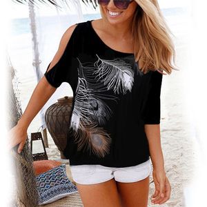 Женская летняя футболка повседневная короткая рукава Tops Tees Sexy вне плеча перья печать футболка о-шеи свободные плюс рубашки размера 210317