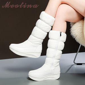 Mid Calf Boots Women Shoes Zip Platform Wedge Heels Fur Snow Round Toe Heel Warm Ladies Winter Beige 44 210517