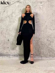 Kliou Örme Oymak Maxi Elbise Kadınlar Seksi Katı Sonbahar Yan Yarık Uzun Kollu Bodycon Robe Parti Clubwear Kadın Etek Y1204