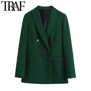 TRAF Kobiety Moda Double Breasted Office Wear Blazer Płaszcz Vintage Z Długim Rękawem Welt Kieszenie Kobiet Odzież Odzieży Chic Veste 210930