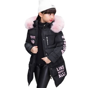 Coat For Girl Letter Parka Coat Girl Fur Hoodies Thick Warm Kids Coats Winter Children's Clothing Girl 6 8 10 12 14 210812