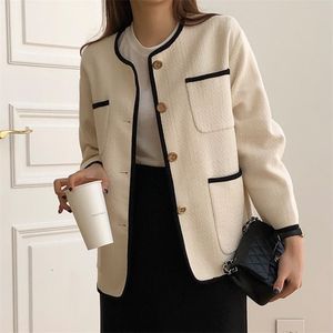 Autumn Winter Office Lady Tweed Jacket Coat Women Korean Chic Elegant Loose Color-Hit Pockets High Quality Woolen Outwear 210514