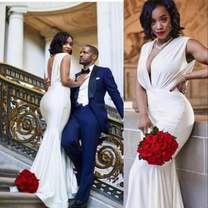 2021 Elfenbein sexy afrikanische Brautjungfernkleider Hochzeit Gast tragen tiefen V-Ausschnitt lange offene Rückseite Country Party Plus Size Trauzeugin Kleider