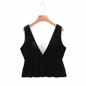 Sexig kvinna Svart V Neck Velvet Vest Spring Fashion Ladies Mjuk Slim Tank Kvinna Eleganta Streetwear Ärmlös Tops 210515