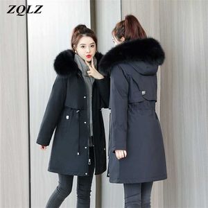 ZQLZフード付きプラスサイズウィンタージャケットの女性厚い暖かい長いパーカーMujerスリムカジュアルブラックオーバーコートフェム毛襟コート女性211216