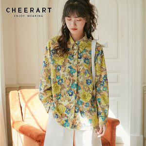 黄色い花のシャツの女性の秋のボタンアップ長袖ブラウス緩いカジュアルフローラルトップ韓国のファッション服210427