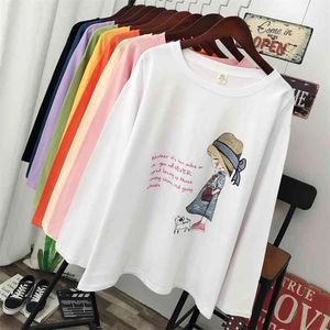 Wiosna i jesień Plus Size Kobiety Ubrania Moda Casual Długim Rękawem T-shirt Loose 100% Watek Bawełny Drukuj Topy Tees 210623