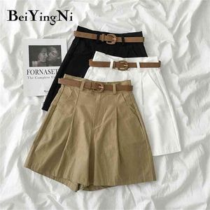 Beiyingni kostym shorts kvinnlig solid färg bälte vintage klassisk koreansk stil blazer kvinnor botten lös plus storlek 210714