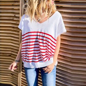 Striped V-neck Thin Knit Women T-shirt Short Sleeve Large Size 2XL Loose Casual Ladies Knitted Tshirts Summer Female Tops 210518