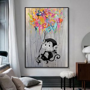 Граффити обезьяна воздушный шар холст печатает роспись абстрактные стены искусства животных плакат декоративная фотография для комнаты домашний декор Cuadros