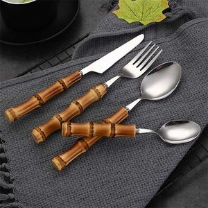 24Pcs 16Pcs Dinnerware Sets Original Nature Bamboo Handle Stainless Steel Upscale Cutlery Fork Spoon Home Kitchen Tableware 211108