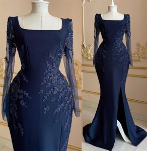 Navy Blue Mermaid Mother of the Bride Dresses with Long Sleeve Lace Stain Square Neck Fishtail Mother Occasion Prom Gown
