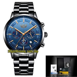 Lige Eternity LG9877 Sport Mens relógios Data Rose Ponteiro de Ouro Azul Dial Japão VK Quartzo Cronógrafo Movimento Homens Assista Pulseira de Aço Inoxidável Caso de Aço Preto