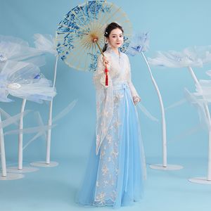 Hanfu Kvinnor Stage Slitage Kinesisk Traditionell Folk Dance Fairy Kostym Cosplay Visa Kvinnlig Elegant Klänning Forntida Princess Kläder
