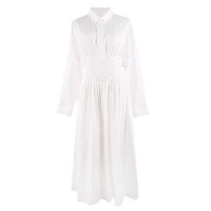 PERHAPS U White Solid Turn Down Collar Shirt Dress Button Long Sleeve Full Sleeve Midi Dress Autumn D0610 210529