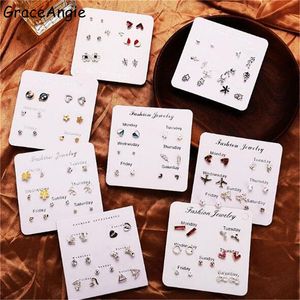 Stud 6piars/Paket Vintage Gümüş Alaşım Kristal Rhinestone Kadınlar İçin Küçük Küpeler Sevimli Metal Çiçek Kalp Altın Küpe Seti Karışık