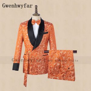 Gwenhwyfar Men Suit With Belt Autumn Fashion Print British style 2 Pcs Set Blazer With Pants Set Wedding Party Dress Prom Tuxedo X0909