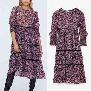 Lato Wzburzyć Tulle Kobieta Dress Purple Floral Print Midi Kobiety Z Długim Rękawem Vintage Smock Design Ladies ES 210430